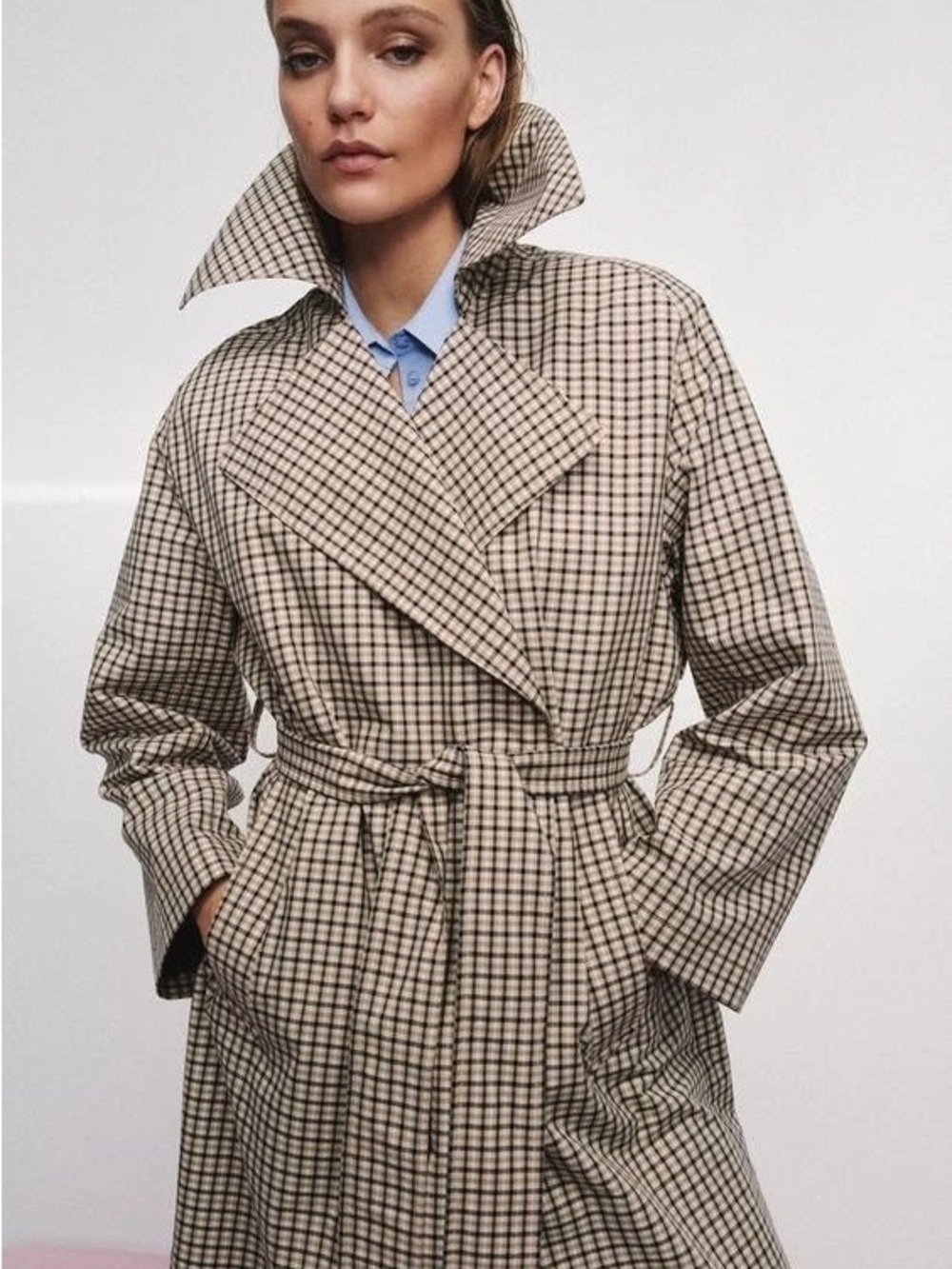 Zara Oversize Checked Trench Coat in Beige Ref 3811/053